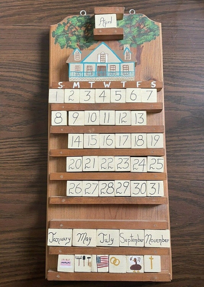 Vintage Handpainted Wood Perpetual Hanging Calendar Wood Blocks House Trees
